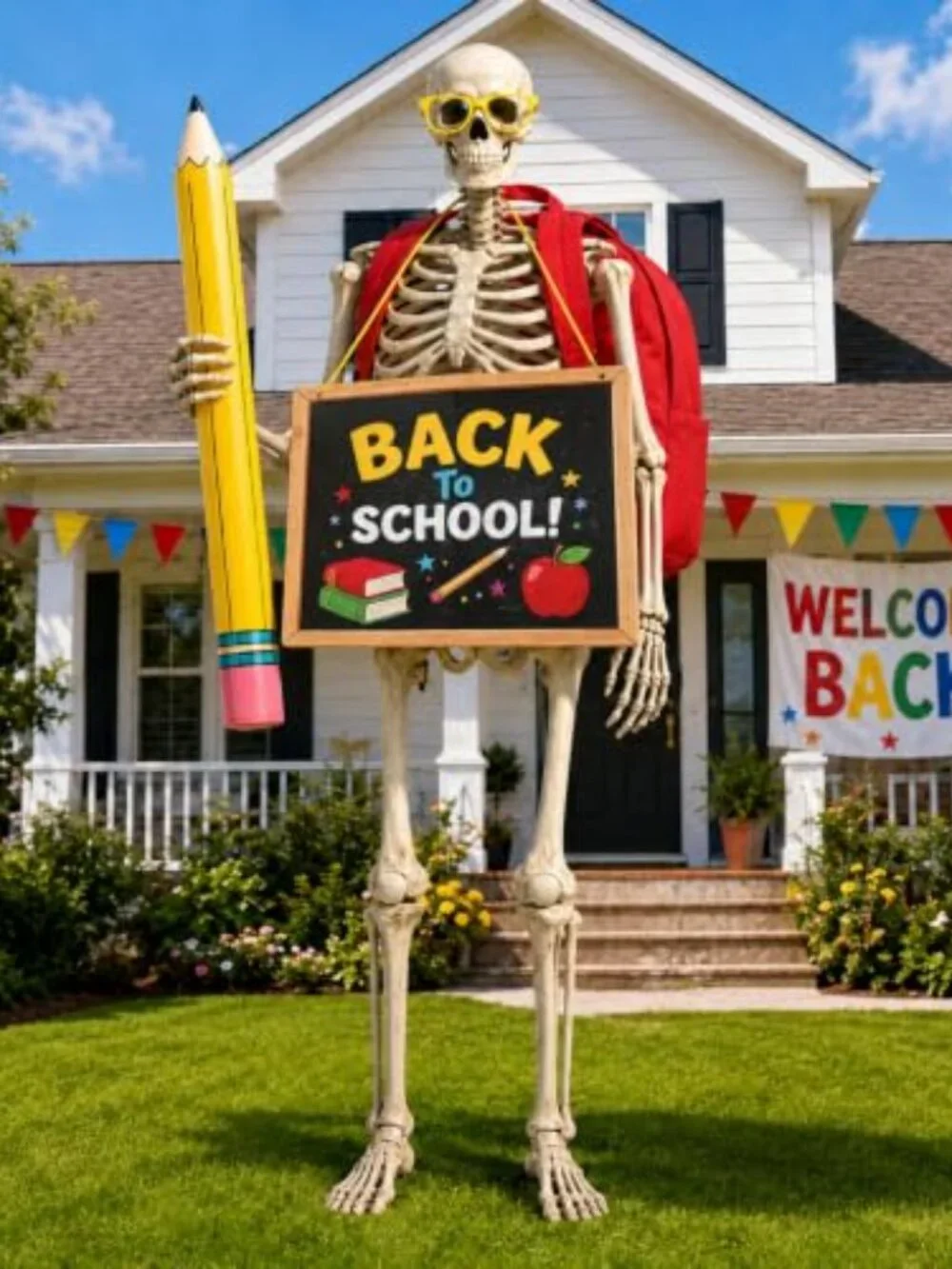 12ft Skeleton Back to School Costume with Backpack, Sign, Glasses & Pencil